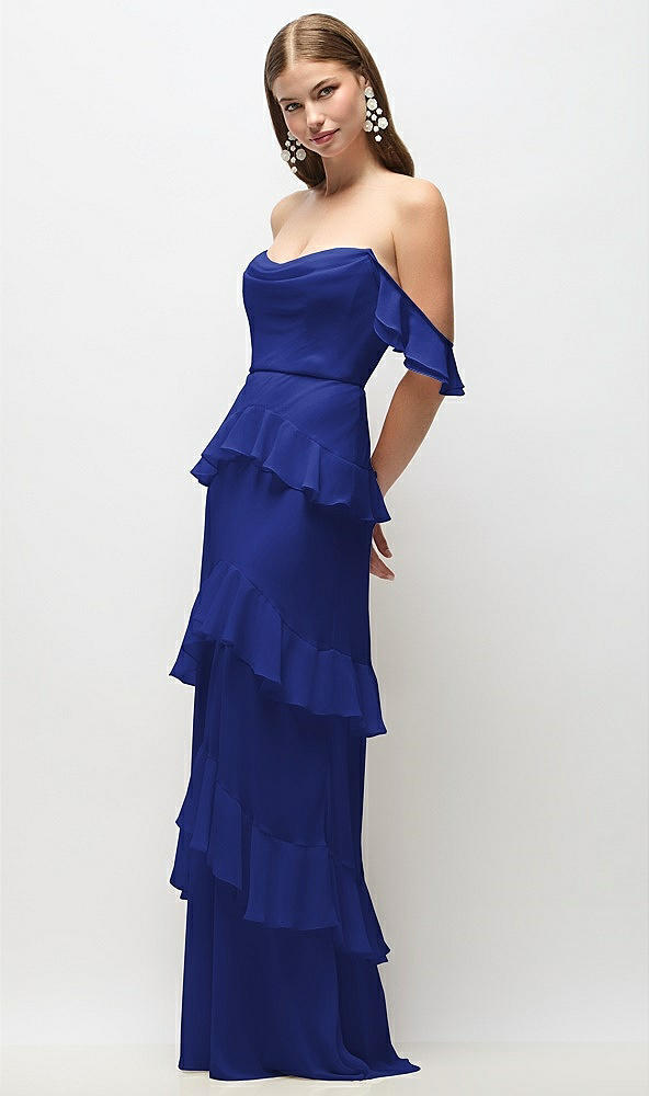 Front View - Cobalt Blue Off-the-Shoulder Cowl Chiffon Tiered Ruffle Maxi Dress with Convertible Ruffle Straps