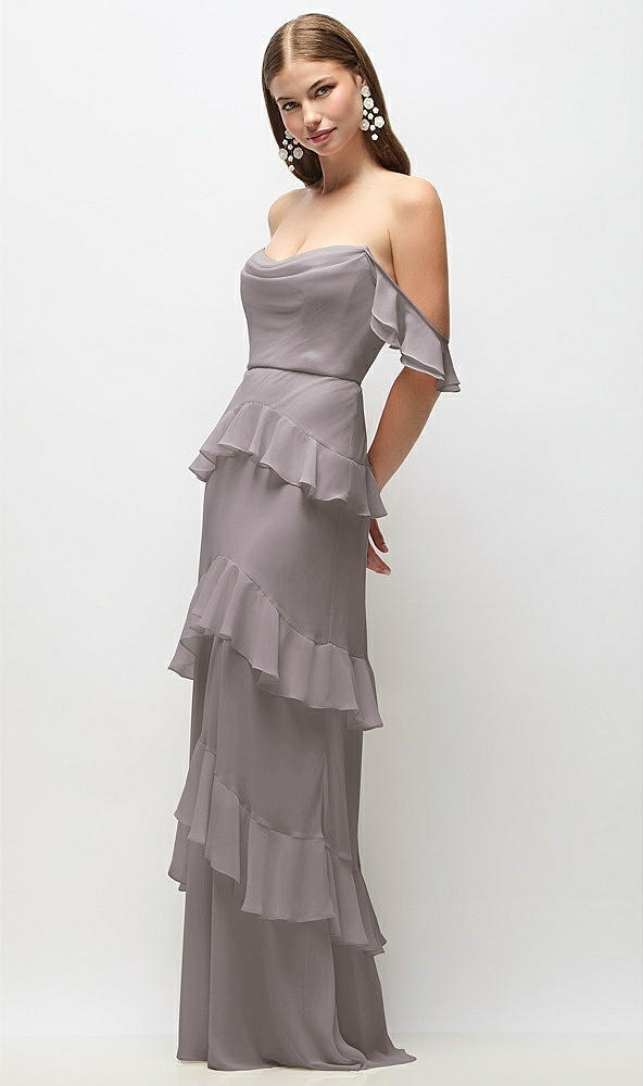 Front View - Cashmere Gray Off-the-Shoulder Cowl Chiffon Tiered Ruffle Maxi Dress with Convertible Ruffle Straps