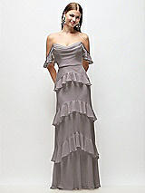 Rear View Thumbnail - Cashmere Gray Off-the-Shoulder Cowl Chiffon Tiered Ruffle Maxi Dress with Convertible Ruffle Straps