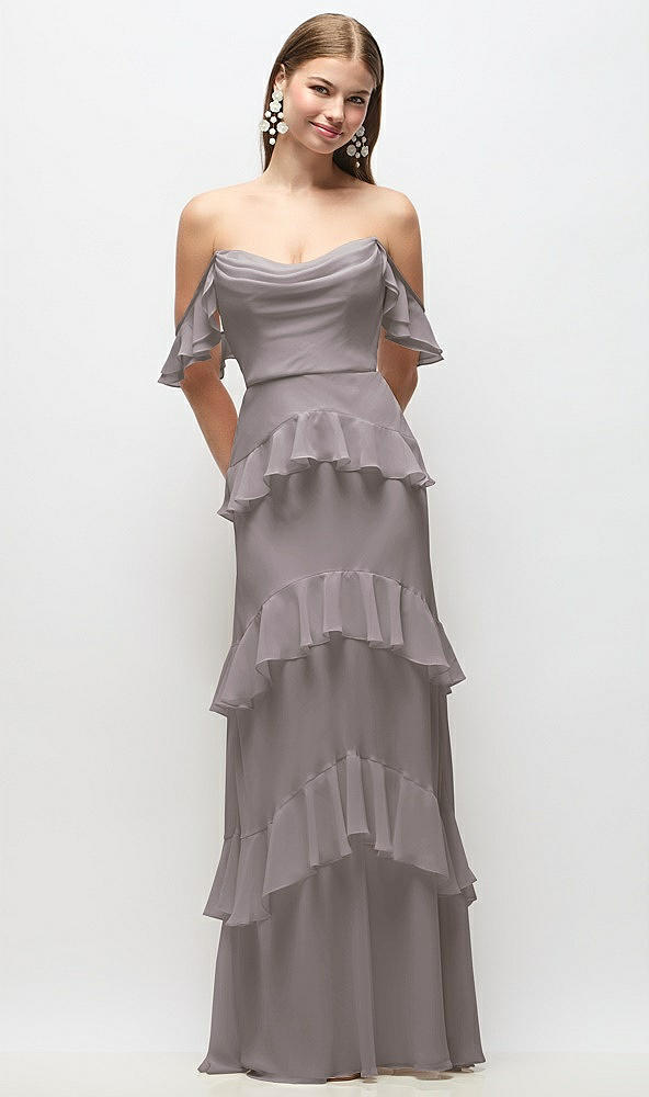 Back View - Cashmere Gray Off-the-Shoulder Cowl Chiffon Tiered Ruffle Maxi Dress with Convertible Ruffle Straps
