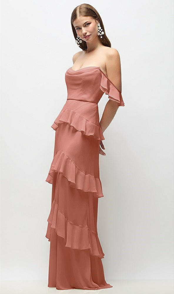 Front View - Desert Rose Off-the-Shoulder Cowl Chiffon Tiered Ruffle Maxi Dress with Convertible Ruffle Straps
