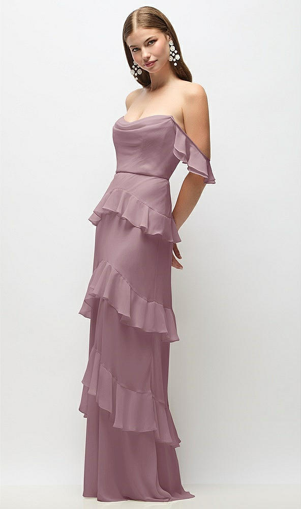 Front View - Dusty Rose Off-the-Shoulder Cowl Chiffon Tiered Ruffle Maxi Dress with Convertible Ruffle Straps