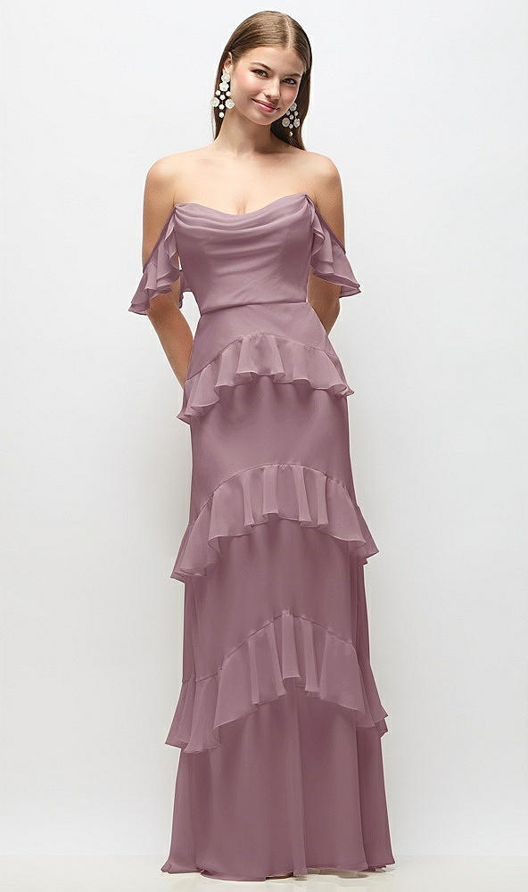 Back View - Dusty Rose Off-the-Shoulder Cowl Chiffon Tiered Ruffle Maxi Dress with Convertible Ruffle Straps
