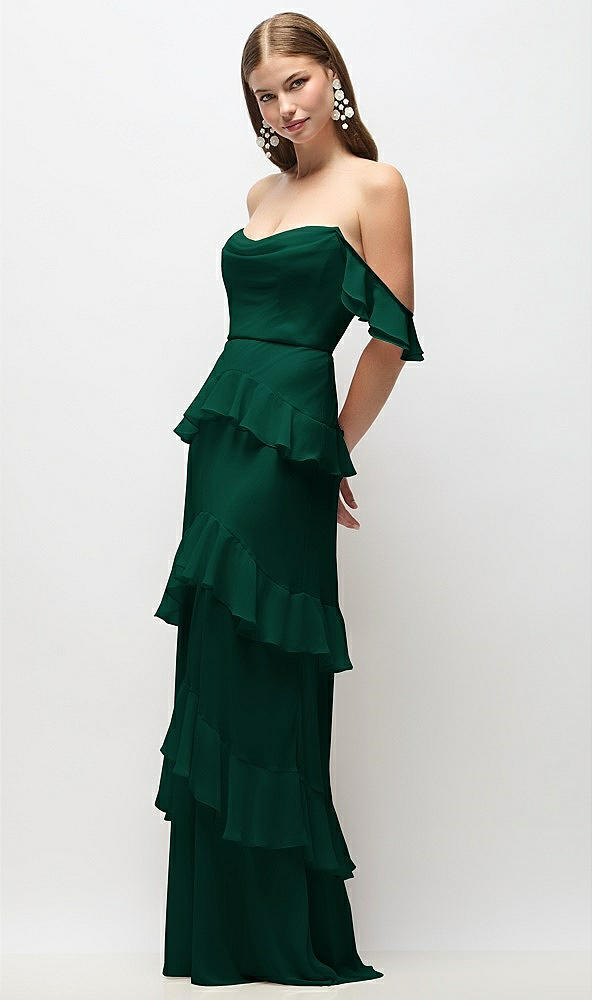 Front View - Hunter Green Off-the-Shoulder Cowl Chiffon Tiered Ruffle Maxi Dress with Convertible Ruffle Straps