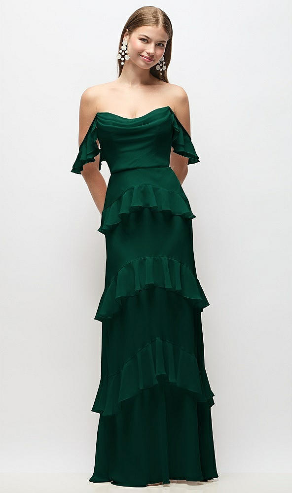 Back View - Hunter Green Off-the-Shoulder Cowl Chiffon Tiered Ruffle Maxi Dress with Convertible Ruffle Straps