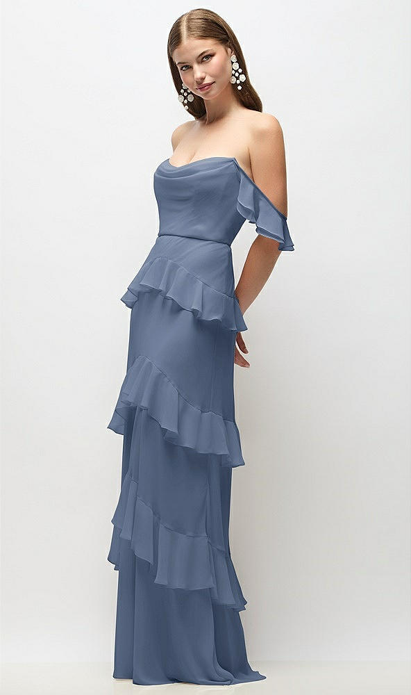 Front View - Larkspur Blue Off-the-Shoulder Cowl Chiffon Tiered Ruffle Maxi Dress with Convertible Ruffle Straps