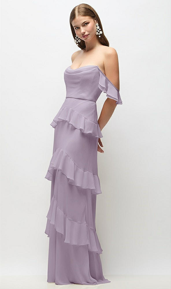 Front View - Lilac Haze Off-the-Shoulder Cowl Chiffon Tiered Ruffle Maxi Dress with Convertible Ruffle Straps