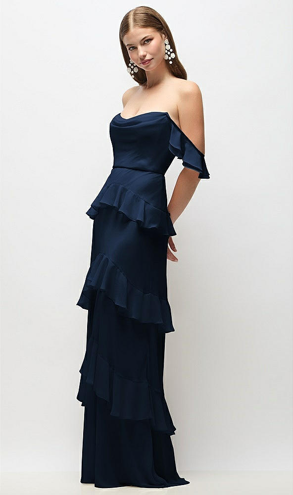 Front View - Midnight Navy Off-the-Shoulder Cowl Chiffon Tiered Ruffle Maxi Dress with Convertible Ruffle Straps