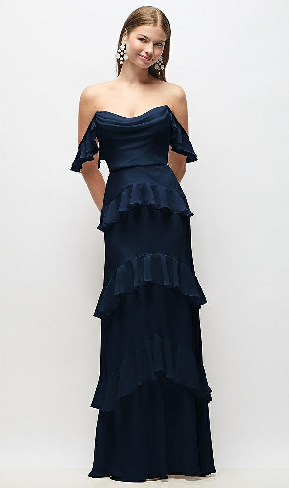 Back View - Midnight Navy Off-the-Shoulder Cowl Chiffon Tiered Ruffle Maxi Dress with Convertible Ruffle Straps