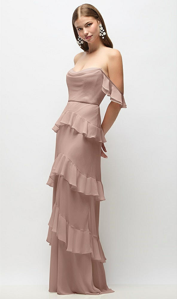 Front View - Neu Nude Off-the-Shoulder Cowl Chiffon Tiered Ruffle Maxi Dress with Convertible Ruffle Straps