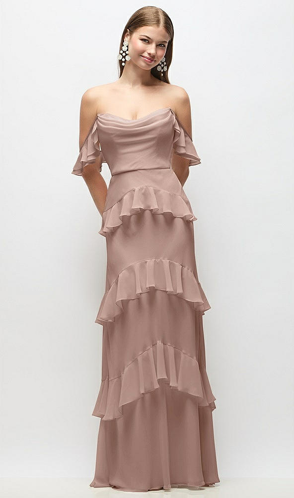 Back View - Neu Nude Off-the-Shoulder Cowl Chiffon Tiered Ruffle Maxi Dress with Convertible Ruffle Straps