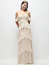 Rear View Thumbnail - Oat Off-the-Shoulder Cowl Chiffon Tiered Ruffle Maxi Dress with Convertible Ruffle Straps