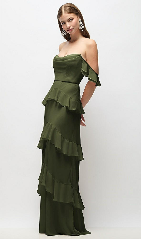 Front View - Olive Green Off-the-Shoulder Cowl Chiffon Tiered Ruffle Maxi Dress with Convertible Ruffle Straps