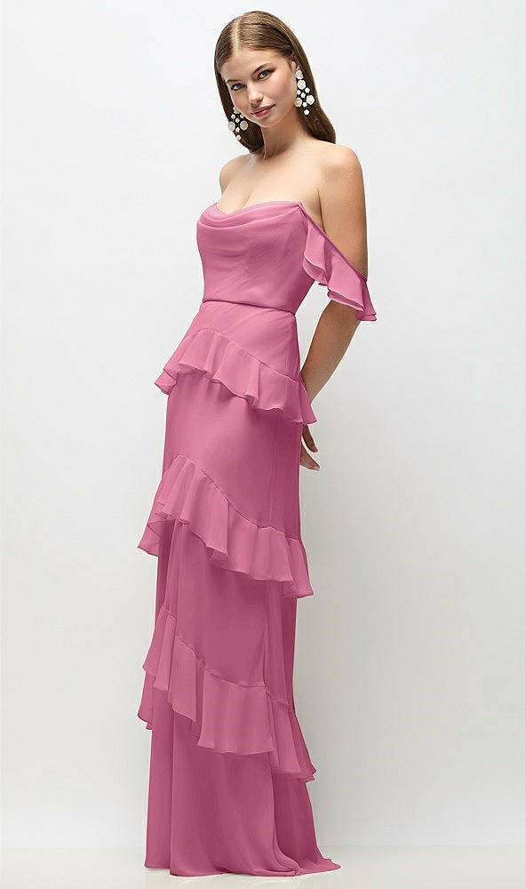 Front View - Orchid Pink Off-the-Shoulder Cowl Chiffon Tiered Ruffle Maxi Dress with Convertible Ruffle Straps