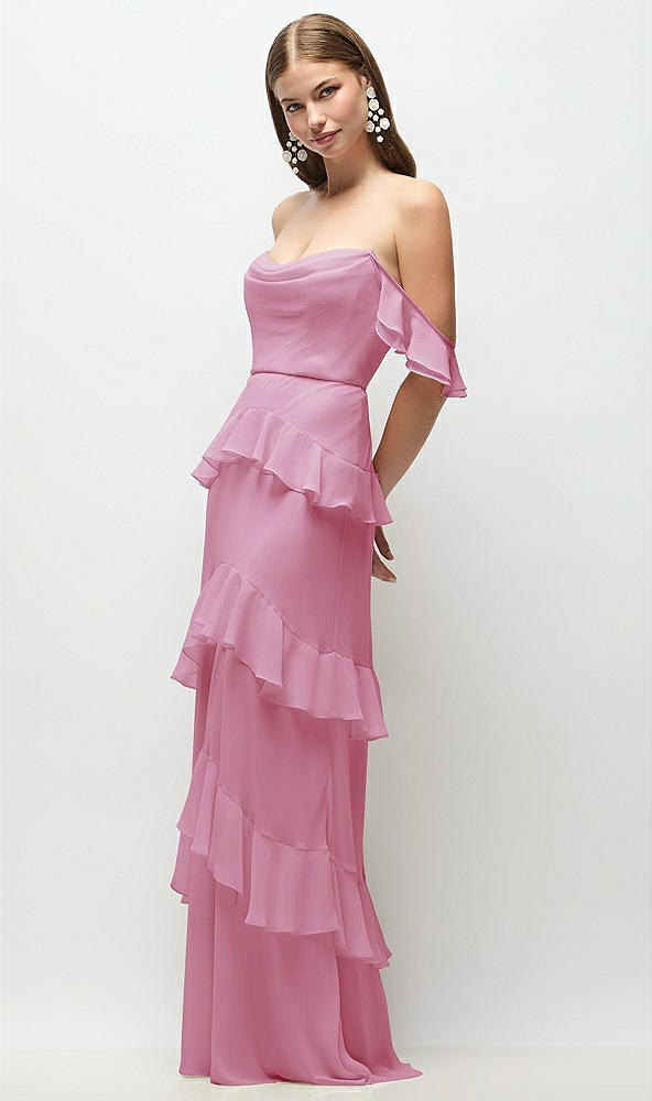 Front View - Powder Pink Off-the-Shoulder Cowl Chiffon Tiered Ruffle Maxi Dress with Convertible Ruffle Straps