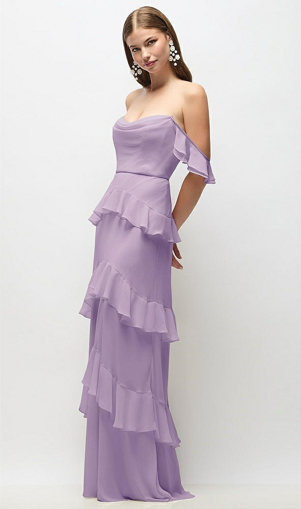 Front View - Pale Purple Off-the-Shoulder Cowl Chiffon Tiered Ruffle Maxi Dress with Convertible Ruffle Straps