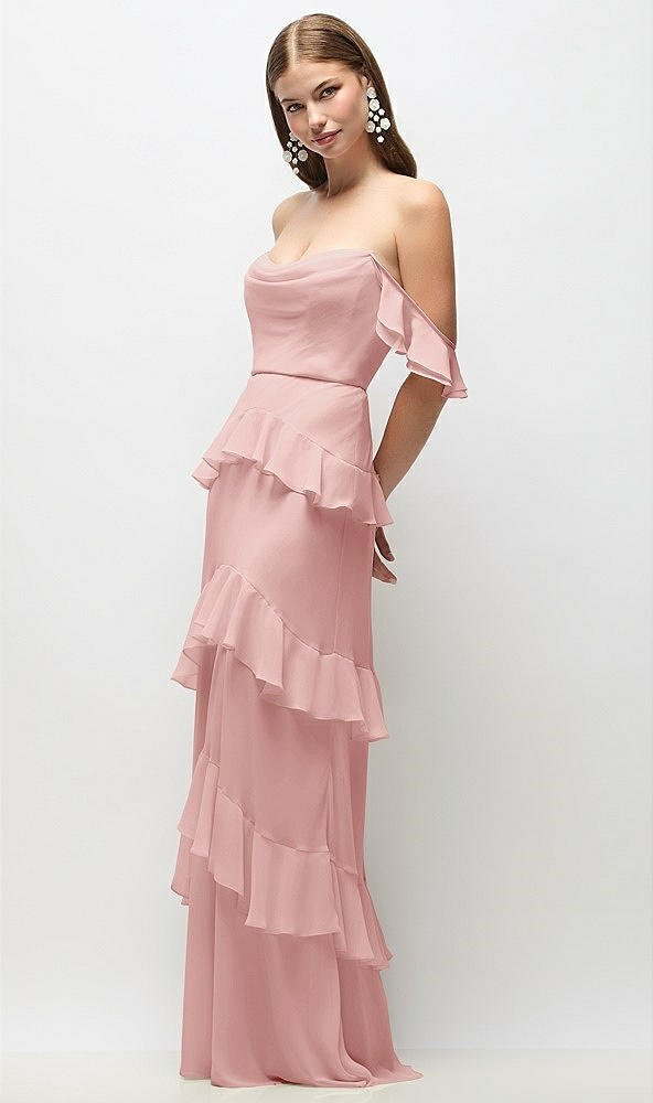 Front View - Rose Off-the-Shoulder Cowl Chiffon Tiered Ruffle Maxi Dress with Convertible Ruffle Straps