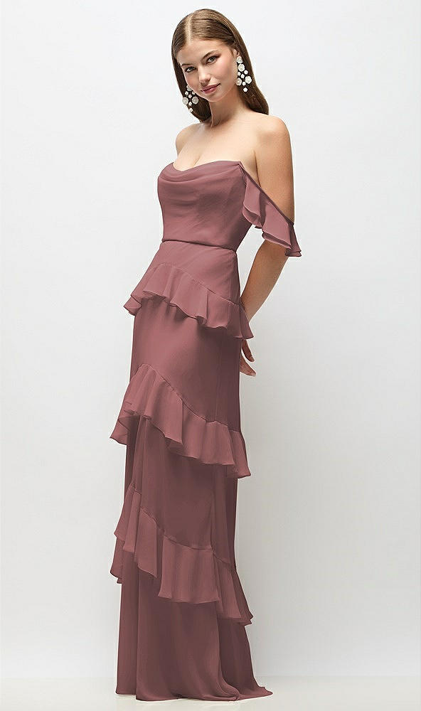 Front View - Rosewood Off-the-Shoulder Cowl Chiffon Tiered Ruffle Maxi Dress with Convertible Ruffle Straps