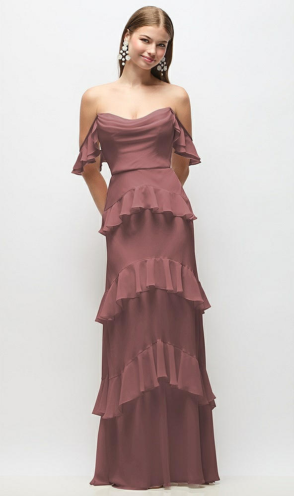 Back View - Rosewood Off-the-Shoulder Cowl Chiffon Tiered Ruffle Maxi Dress with Convertible Ruffle Straps