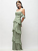 Front View Thumbnail - Sage Off-the-Shoulder Cowl Chiffon Tiered Ruffle Maxi Dress with Convertible Ruffle Straps