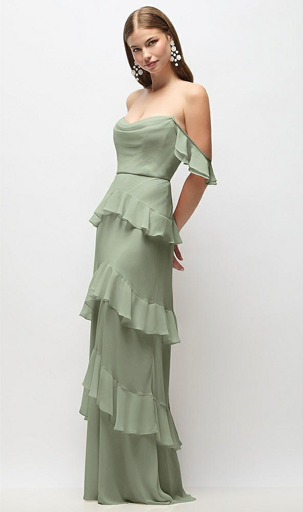 Front View - Sage Off-the-Shoulder Cowl Chiffon Tiered Ruffle Maxi Dress with Convertible Ruffle Straps