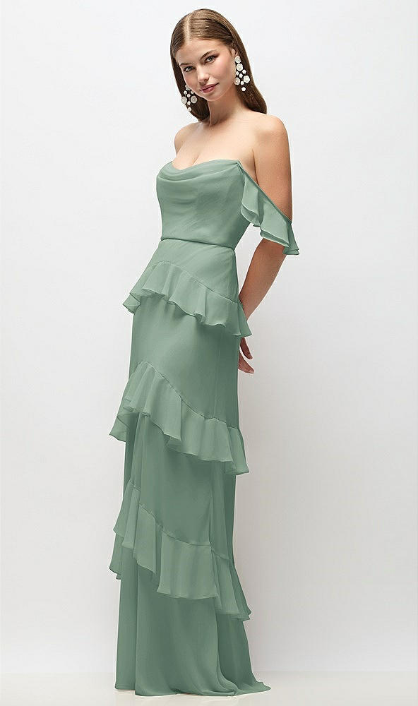 Front View - Seagrass Off-the-Shoulder Cowl Chiffon Tiered Ruffle Maxi Dress with Convertible Ruffle Straps