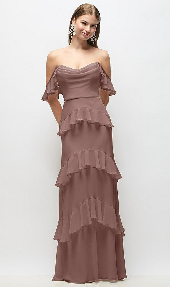 Back View - Sienna Off-the-Shoulder Cowl Chiffon Tiered Ruffle Maxi Dress with Convertible Ruffle Straps