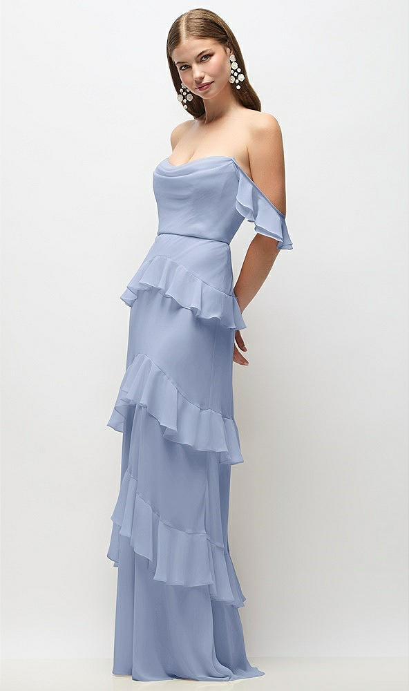 Front View - Sky Blue Off-the-Shoulder Cowl Chiffon Tiered Ruffle Maxi Dress with Convertible Ruffle Straps