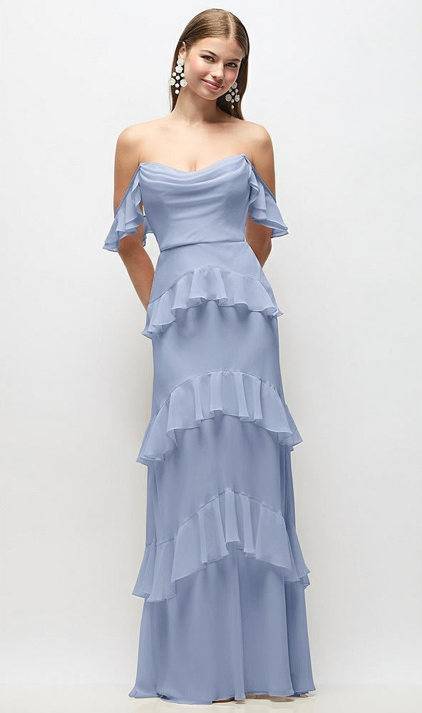 Back View - Sky Blue Off-the-Shoulder Cowl Chiffon Tiered Ruffle Maxi Dress with Convertible Ruffle Straps