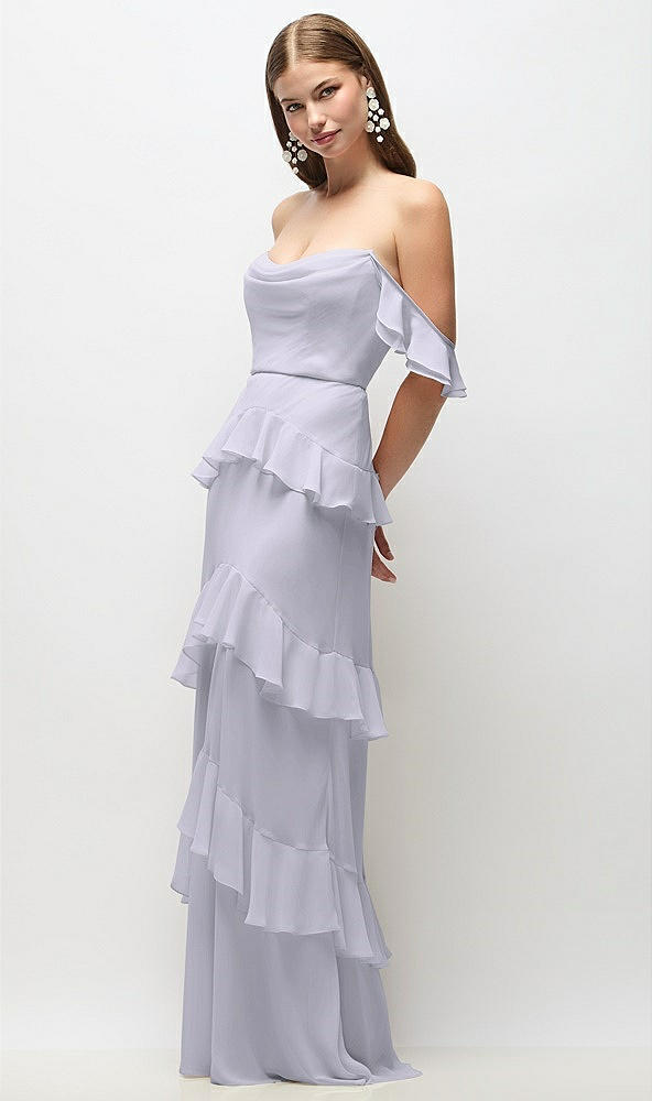 Front View - Silver Dove Off-the-Shoulder Cowl Chiffon Tiered Ruffle Maxi Dress with Convertible Ruffle Straps