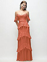 Rear View Thumbnail - Terracotta Copper Off-the-Shoulder Cowl Chiffon Tiered Ruffle Maxi Dress with Convertible Ruffle Straps