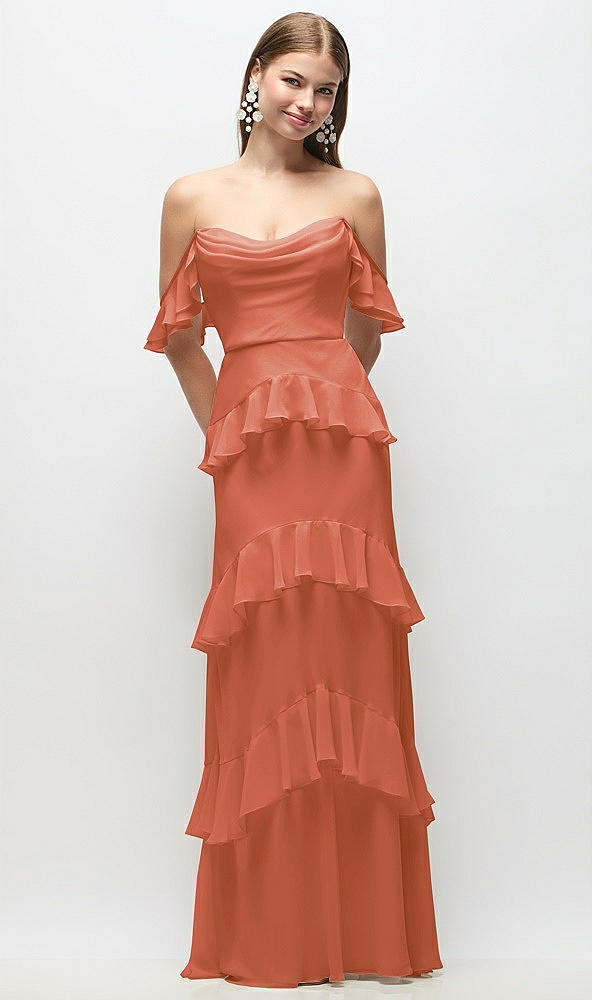 Back View - Terracotta Copper Off-the-Shoulder Cowl Chiffon Tiered Ruffle Maxi Dress with Convertible Ruffle Straps