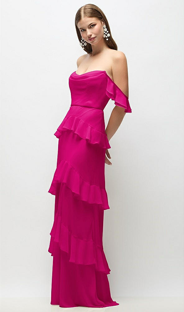 Front View - Think Pink Off-the-Shoulder Cowl Chiffon Tiered Ruffle Maxi Dress with Convertible Ruffle Straps