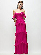 Rear View Thumbnail - Think Pink Off-the-Shoulder Cowl Chiffon Tiered Ruffle Maxi Dress with Convertible Ruffle Straps