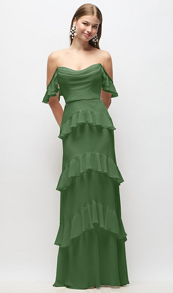 Back View - Vineyard Green Off-the-Shoulder Cowl Chiffon Tiered Ruffle Maxi Dress with Convertible Ruffle Straps