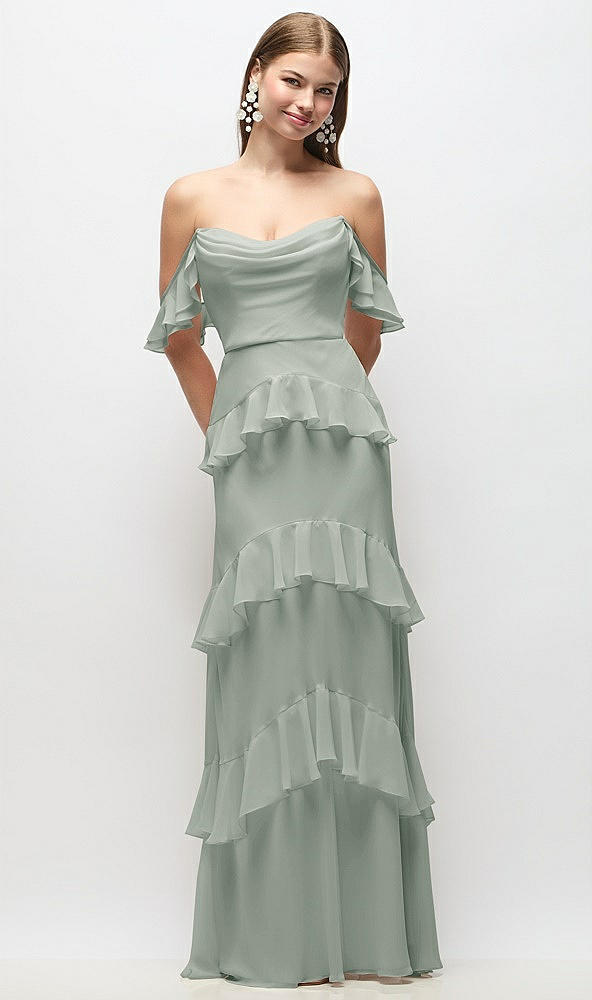 Back View - Willow Green Off-the-Shoulder Cowl Chiffon Tiered Ruffle Maxi Dress with Convertible Ruffle Straps