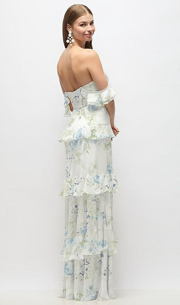 Back View - Bleu Garden Off-the-Shoulder Cowl Floral Chiffon Tiered Ruffle Maxi Dress with Convertible Ruffle Straps
