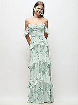 Front View Thumbnail - Mint Green Floral Off-the-Shoulder Cowl Floral Chiffon Tiered Ruffle Maxi Dress with Convertible Ruffle Straps