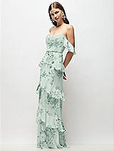 Side View Thumbnail - Mint Green Floral Off-the-Shoulder Cowl Floral Chiffon Tiered Ruffle Maxi Dress with Convertible Ruffle Straps