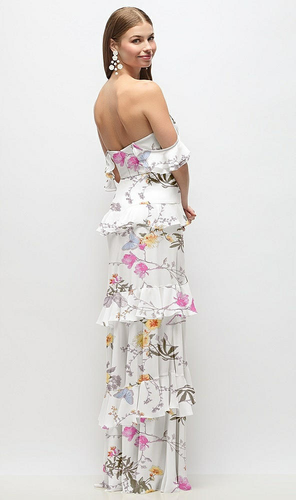 Back View - Butterfly Botanica Ivory Off-the-Shoulder Cowl Floral Chiffon Tiered Ruffle Maxi Dress with Convertible Ruffle Straps