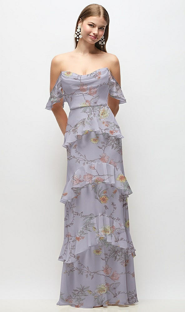 Front View - Butterfly Botanica Silver Dove Off-the-Shoulder Cowl Floral Chiffon Tiered Ruffle Maxi Dress with Convertible Ruffle Straps