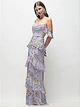 Side View Thumbnail - Butterfly Botanica Silver Dove Off-the-Shoulder Cowl Floral Chiffon Tiered Ruffle Maxi Dress with Convertible Ruffle Straps