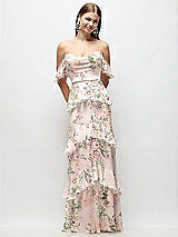 Front View Thumbnail - Blush Garden Off-the-Shoulder Cowl Floral Chiffon Tiered Ruffle Maxi Dress with Convertible Ruffle Straps