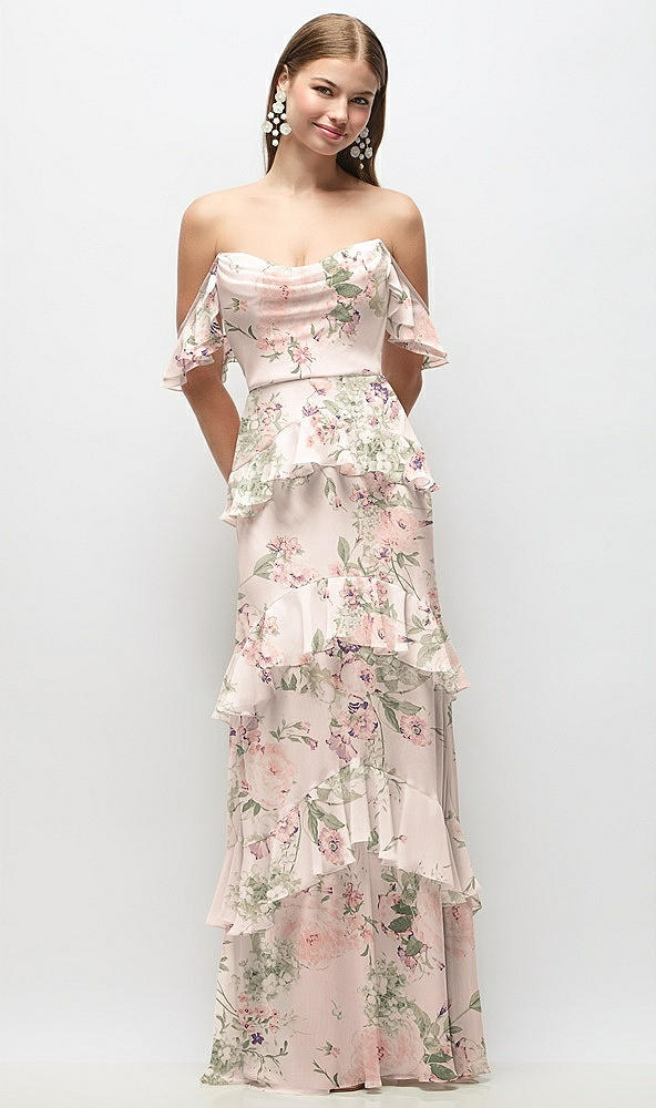 Front View - Blush Garden Off-the-Shoulder Cowl Floral Chiffon Tiered Ruffle Maxi Dress with Convertible Ruffle Straps