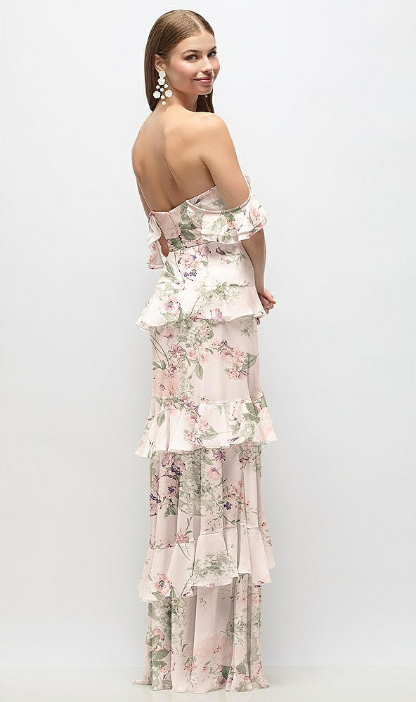 Back View - Blush Garden Off-the-Shoulder Cowl Floral Chiffon Tiered Ruffle Maxi Dress with Convertible Ruffle Straps