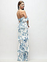 Rear View Thumbnail - Cottage Rose Dusk Blue Off-the-Shoulder Cowl Floral Chiffon Tiered Ruffle Maxi Dress with Convertible Ruffle Straps