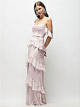 Side View Thumbnail - Watercolor Print Off-the-Shoulder Cowl Floral Chiffon Tiered Ruffle Maxi Dress with Convertible Ruffle Straps