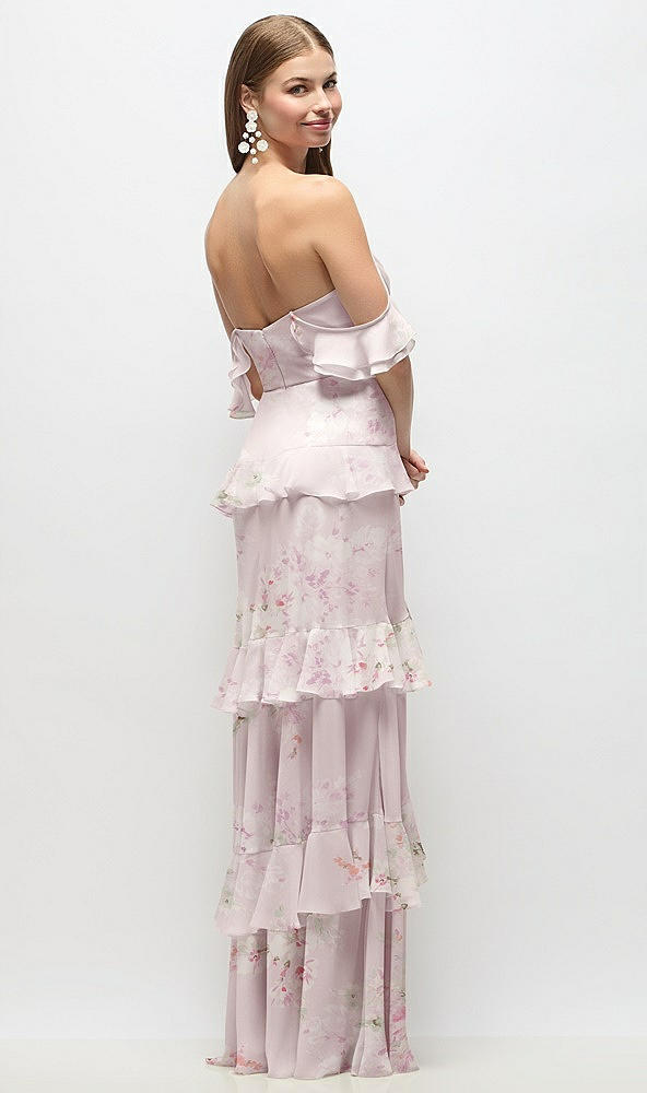 Back View - Watercolor Print Off-the-Shoulder Cowl Floral Chiffon Tiered Ruffle Maxi Dress with Convertible Ruffle Straps