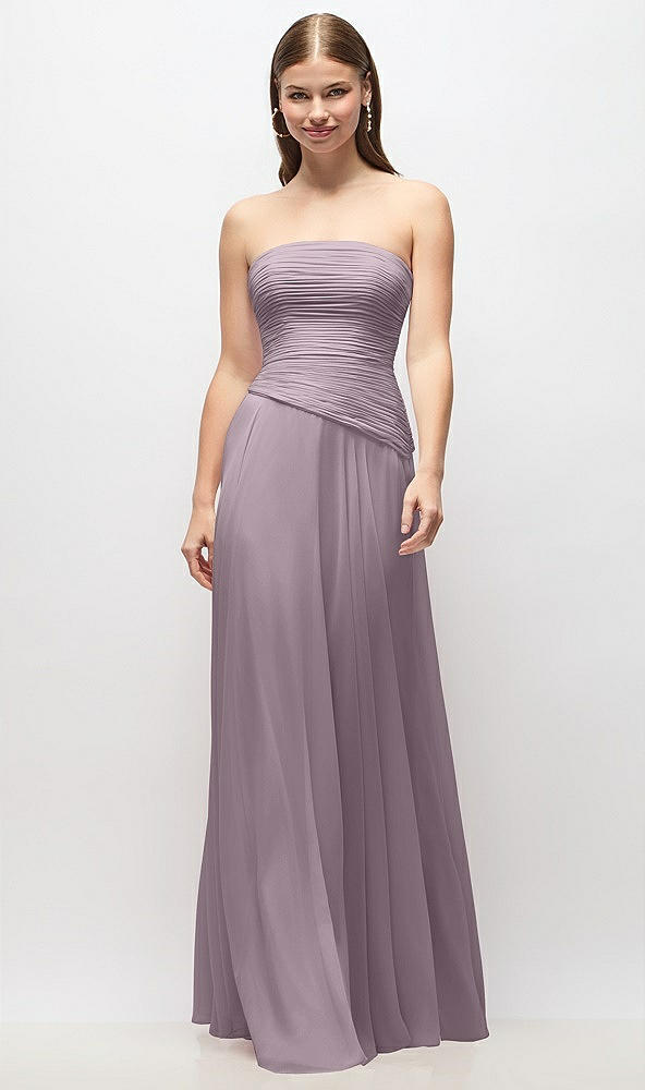 Front View - Lilac Dusk Strapless Chiffon Maxi Dress with Asymmetrical Ruched Drop Waist