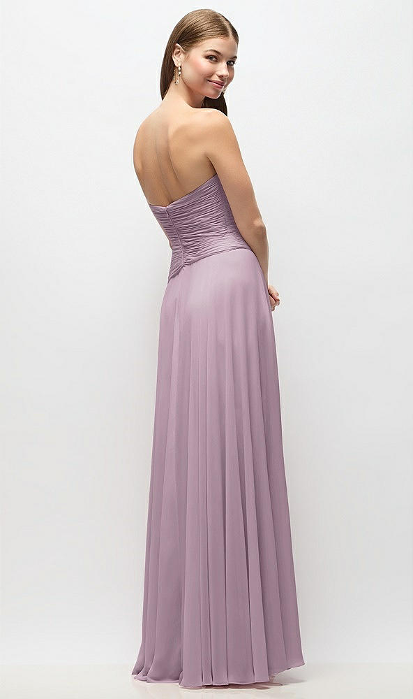 Back View - Suede Rose Strapless Chiffon Maxi Dress with Asymmetrical Ruched Drop Waist